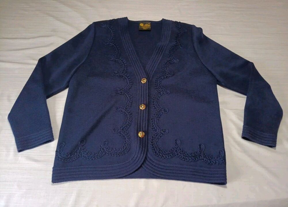 El Corte Ingles Sweater  Size 48 Womens Blue Old Money Faux Gold Jeweled Button